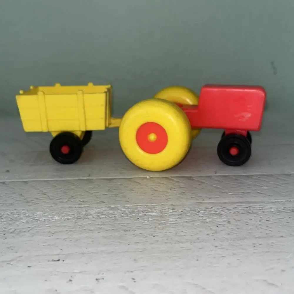 Vintage Fisher Price Little People Farm Orange Tractor With Yellow Trailer Wagon